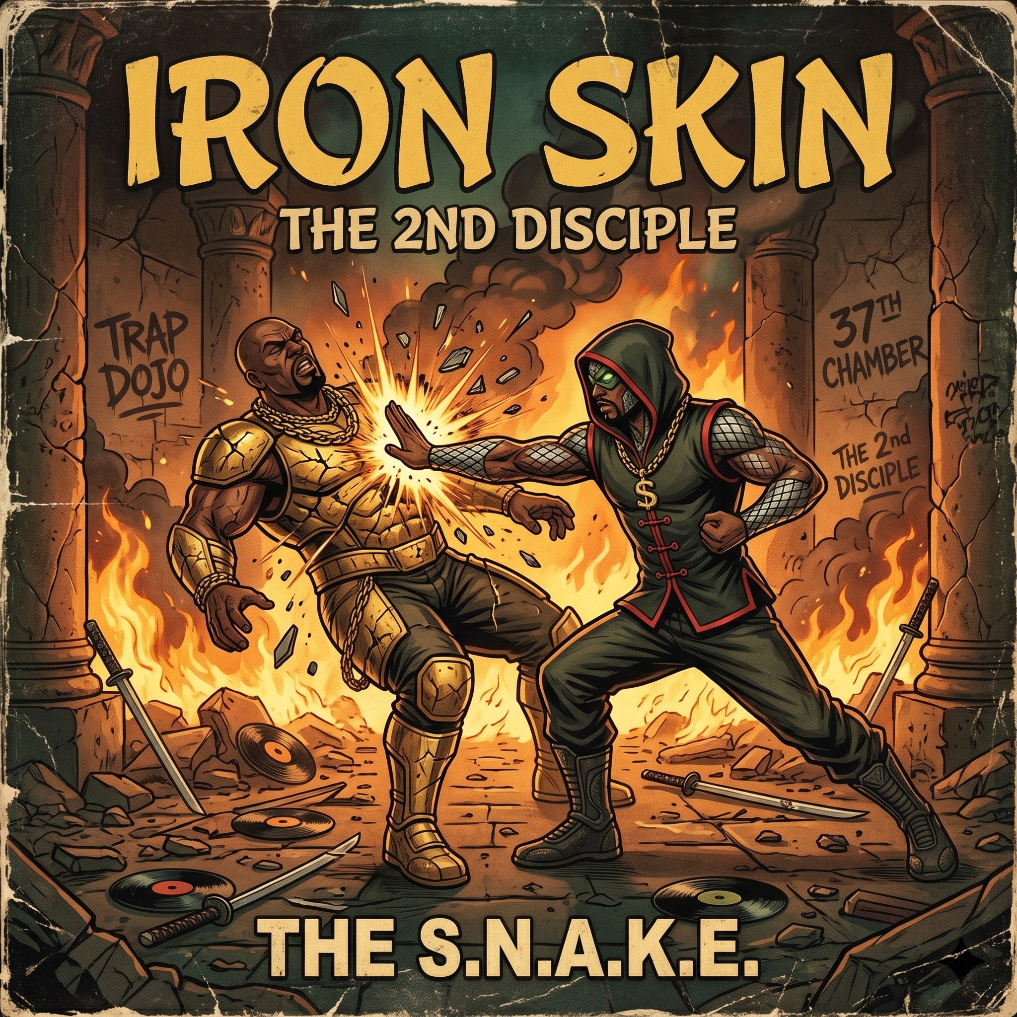 Track 07: Iron Skin Single Cover Art featuring indestructible armor stance