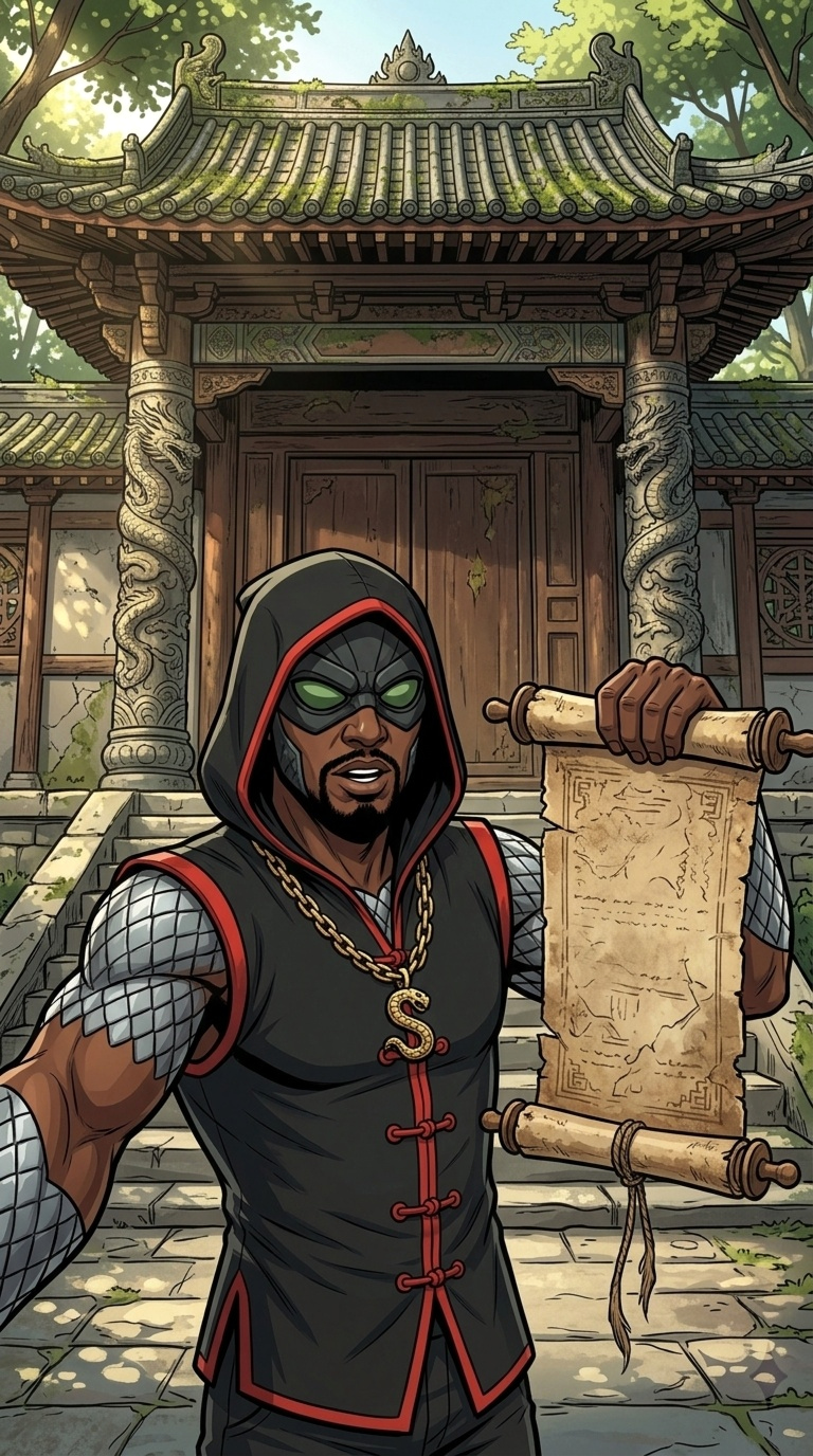 THE S.N.A.K.E. - The 2nd Disciple holding the ancient martial arts scroll in front of the Shaolin temple